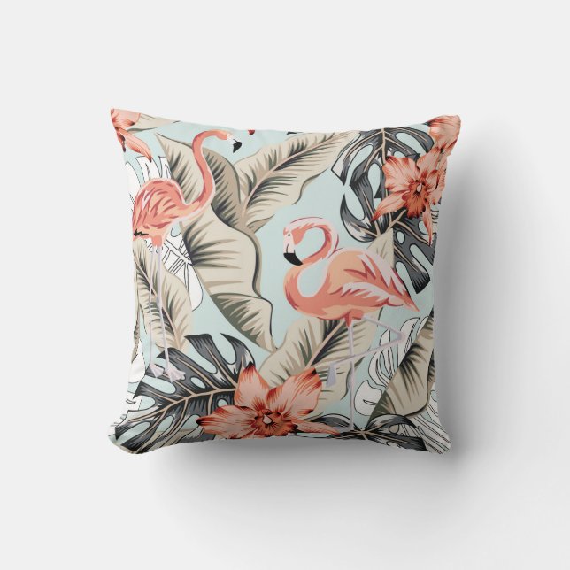 Tropical flamingo, orchid, monstera pattern. cushion (Front)