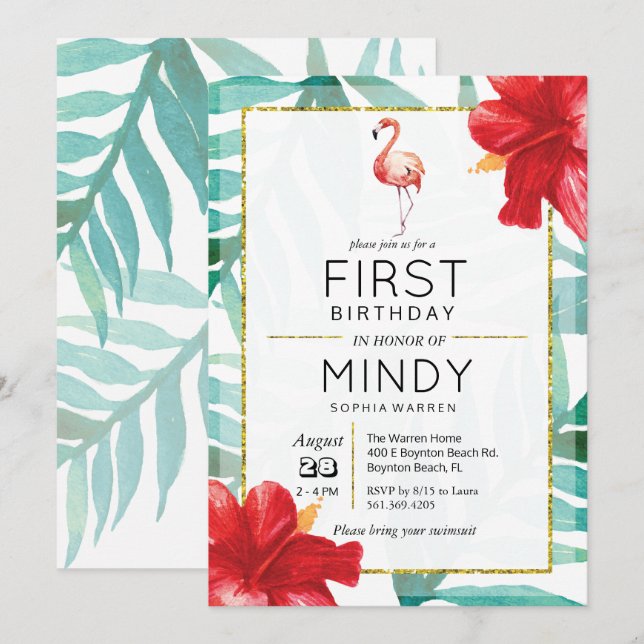 Tropical Flamingo Palm 1st Birthday Invitation (Front/Back)