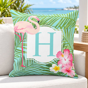 Tropical Flamingo Palm Hibiscus Monogram Initial Cushion