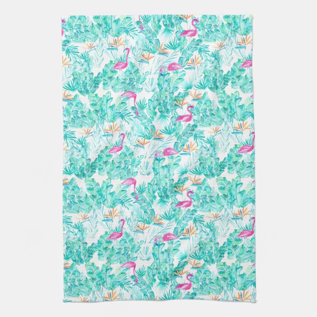 Tropical Flamingo Palm Leaf Bird of Paradise Towel (Vertical)