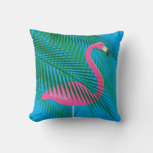 Tropical Flamingo & Palm Leaves on Blue Sky Cushion