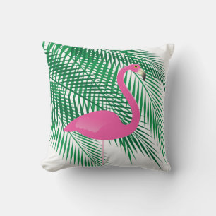 Tropical Flamingo & Palm Leaves on White Cushion