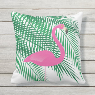 Tropical Flamingo & Palm Leaves on White - Outdoor Cushion