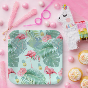 Tropical Flamingo, Palms, Pineapple Pattern ID926  Paper Plate