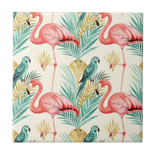 Tropical Flamingo Parrot Jungle Ceramic Tile (Front)