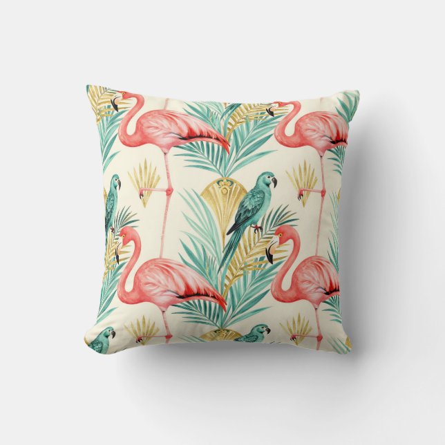 Tropical Flamingo Parrot Jungle Cushion (Front)