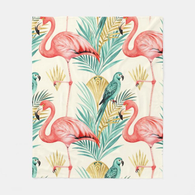 Tropical Flamingo Parrot Jungle Fleece Blanket (Front)