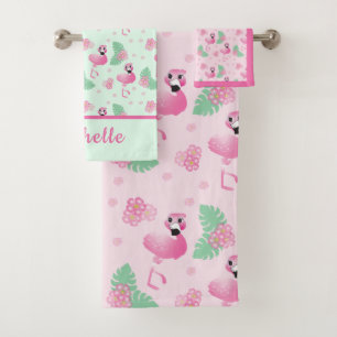 Tropical Flamingo Pattern Custom Flower Pink Green Bath Towel Set