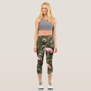 Tropical Flamingo Pattern: Vintage Leaves Capri Leggings