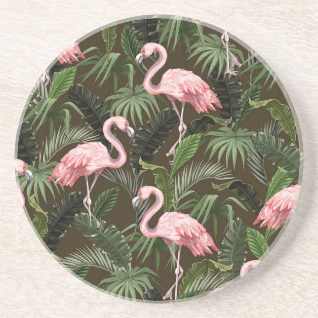 Tropical Flamingo Pattern: Vintage Leaves Coaster (Front)