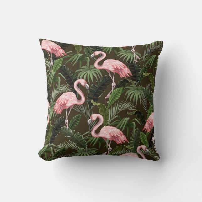 Tropical Flamingo Pattern: Vintage Leaves Cushion (Front)