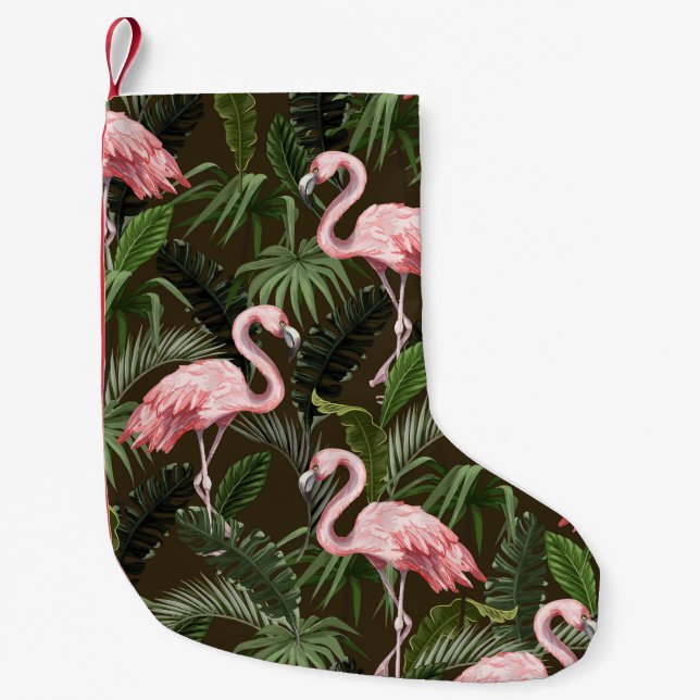 Tropical Flamingo Pattern: Vintage Leaves Small Christmas Stocking (Front)