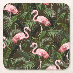 Tropical Flamingo Pattern: Vintage Leaves Square Paper Coaster