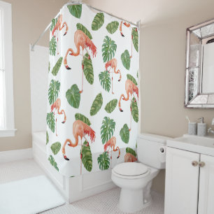 Tropical Flamingo Philodendron Elephant Ear Leaf Shower Curtain