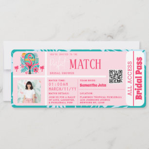 Tropical Flamingo Pickleball Bridal Shower Ticket Invitation
