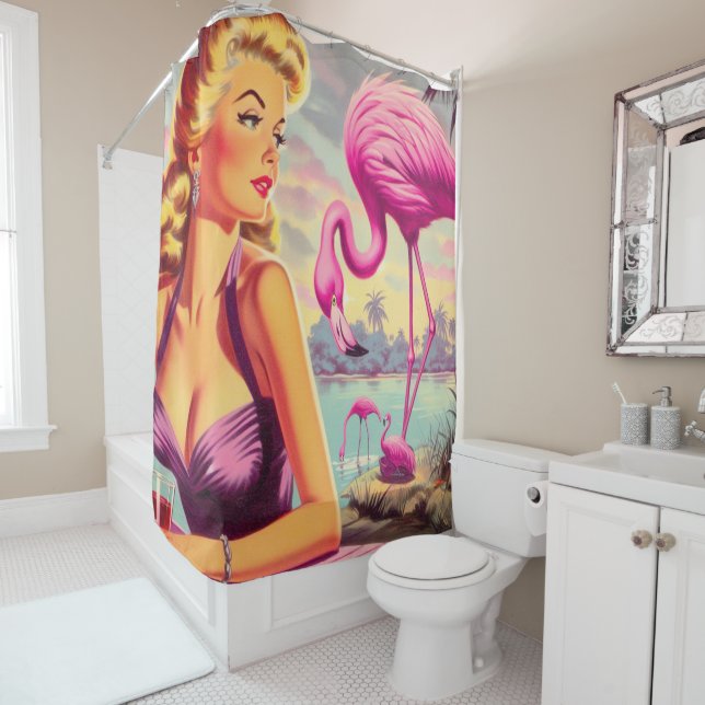 Tropical Flamingo Pin-up Shower Curtain (In Situ)