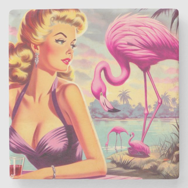 Tropical Flamingo Pin-up Stone Coaster (Front)