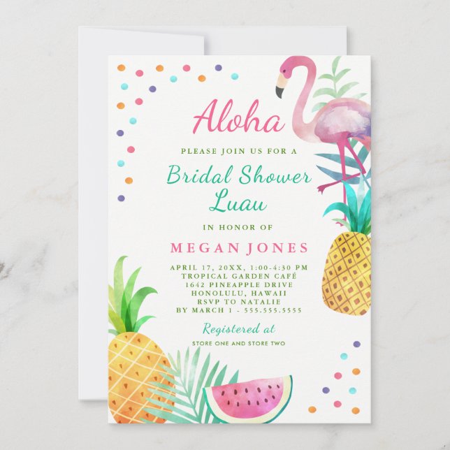 Tropical Flamingo Pineapple Bridal Shower Luau Invitation (Front)