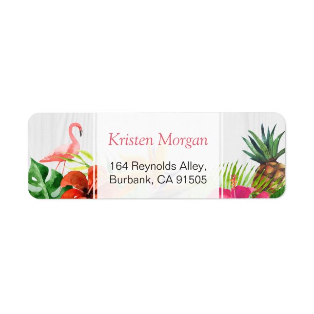 Tropical Flamingo Pineapple Floral RSVP Return Address Label (Front)