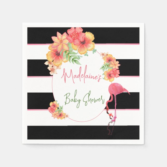 Tropical Flamingo Pink Black Stripe Baby Shower Napkin (Front)