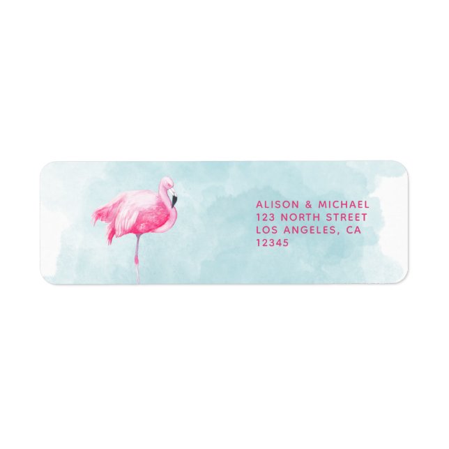 Tropical flamingo pink blue summer wedding return address label (Front)