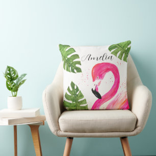 Tropical Flamingo Pink Palm Leaves Green Art Bird Cushion