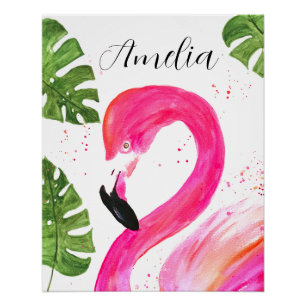 Tropical Flamingo Pink Palm Leaves Green Art Bird Poster