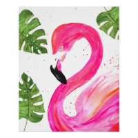 Tropical Flamingo Pink Palm Leaves Green Art Bird