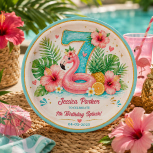 Tropical Flamingo Pool Party 7th Birthday Splash Paper Plate