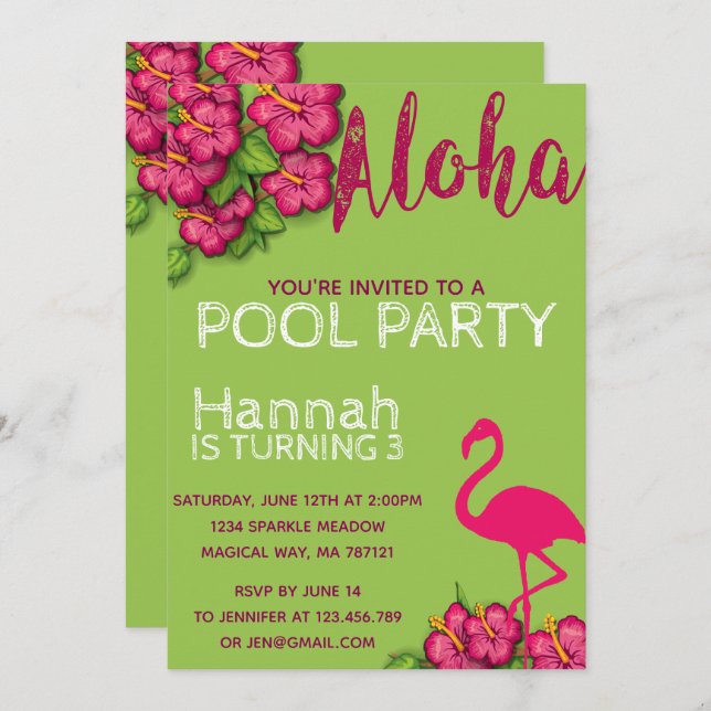 Tropical Flamingo Pool Party Birthday Invitation (Front/Back)