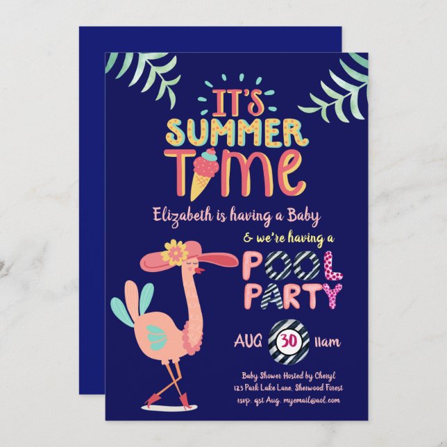 Tropical Flamingo POOL Party Pink Blue Quirky Fun Invitation (Front/Back)