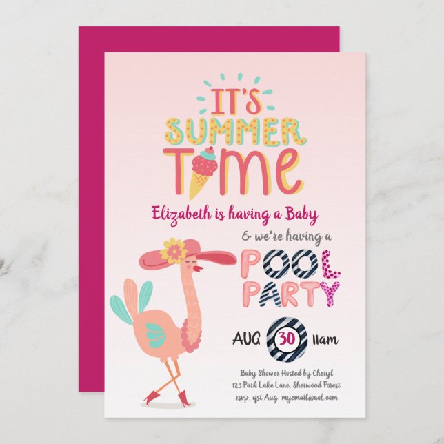 Tropical Flamingo POOL Party Pink Blue Quirky Fun Invitation (Front/Back)