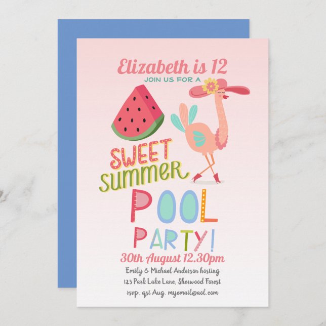 Tropical Flamingo POOL PARTY Pink WaterMelon Girls Invitation (Front/Back)