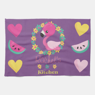 Tropical Flamingo purple pink and yellow hearts Tea Towel