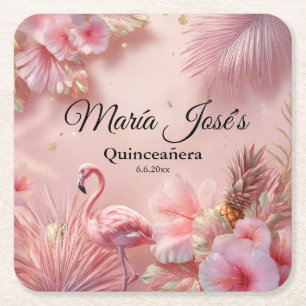 Tropical Flamingo Quinceañera, custom Square Paper Coaster