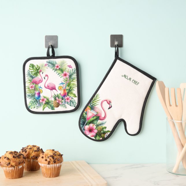 Tropical Flamingo Retirement Mum Grandma Wife Oven Mitt & Pot Holder Set (Insitu(Hanging))