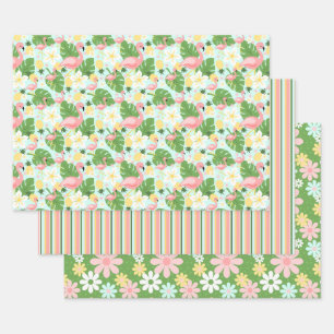 Tropical Flamingo Retro Daisy Flower Stripes Wrapp Wrapping Paper Sheet
