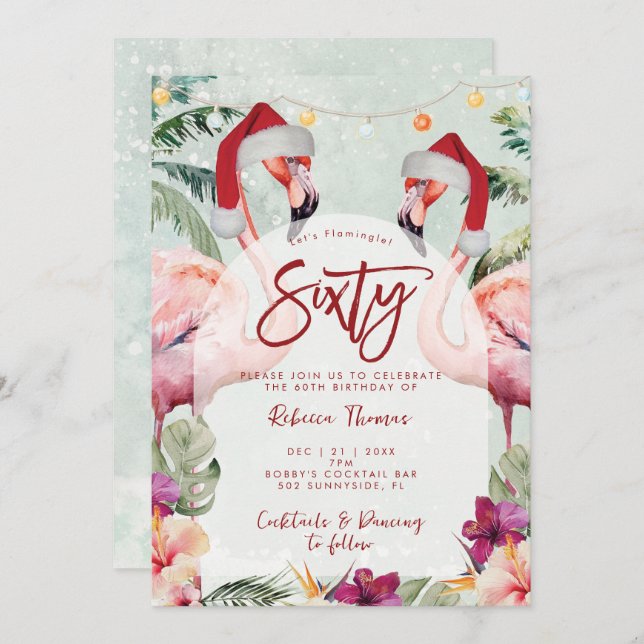 Tropical flamingo sixty birthday party invitation (Front/Back)