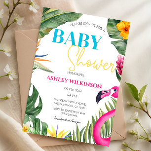 Tropical Flamingo Summer Floral Baby Shower Invitation