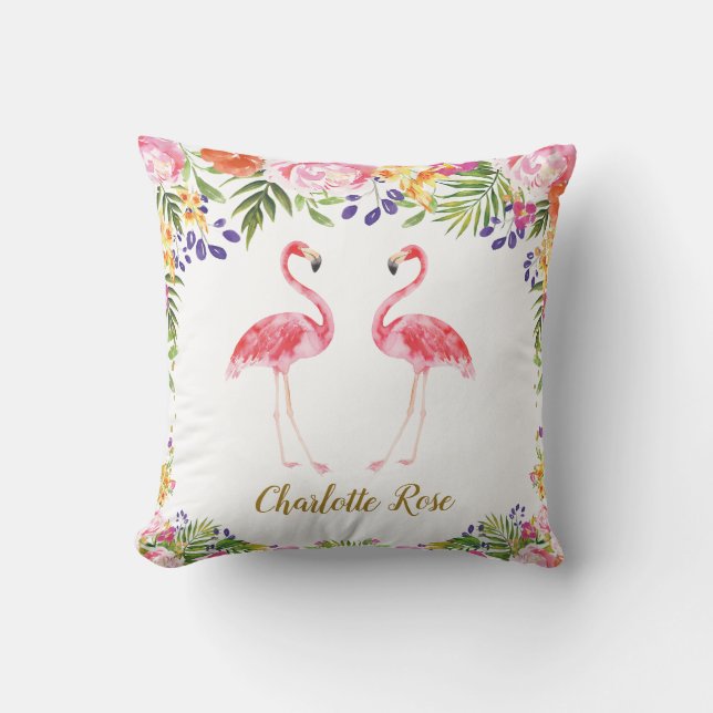 Tropical Flamingo Summer Floral Leaves Cushion (Front)