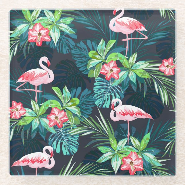 Tropical Flamingo: Summer Flowers Pattern Glass Coaster (Front)