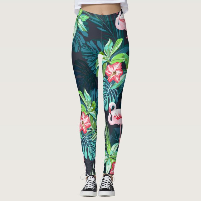 Tropical Flamingo: Summer Flowers Pattern Leggings (Front)