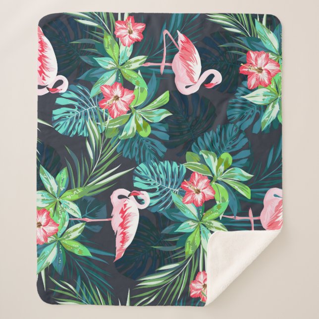Tropical Flamingo: Summer Flowers Pattern Sherpa Blanket (Front)