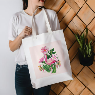 Tropical Flamingo Summer Pink Green Botanical Tote Bag