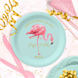 Tropical Flamingo Sweet 16 Happy Birthday ID922 Paper Plate