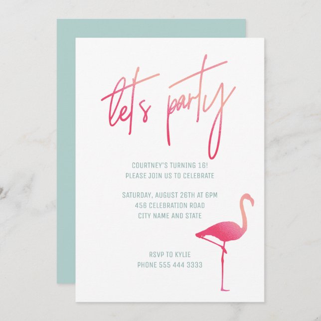 Tropical flamingo sweet sixteen pink & mint invite (Front/Back)