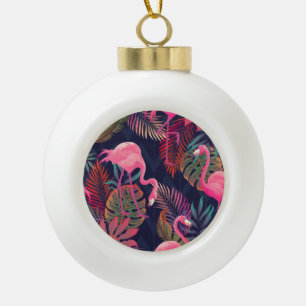 Tropical flamingo: vintage palm pattern. ceramic ball christmas ornament