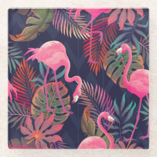 Tropical flamingo: vintage palm pattern. glass coaster