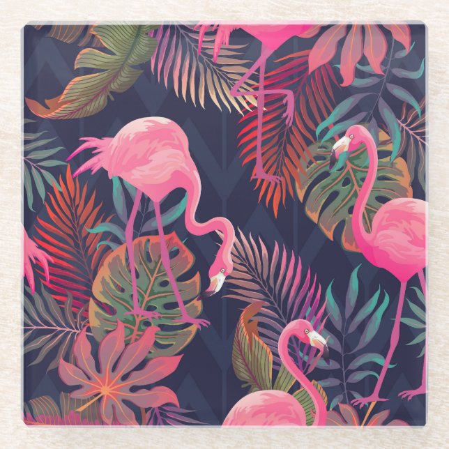 Tropical flamingo: vintage palm pattern. glass coaster (Front)