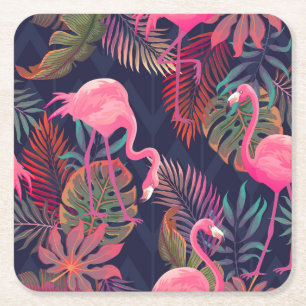 Tropical flamingo: vintage palm pattern. square paper coaster